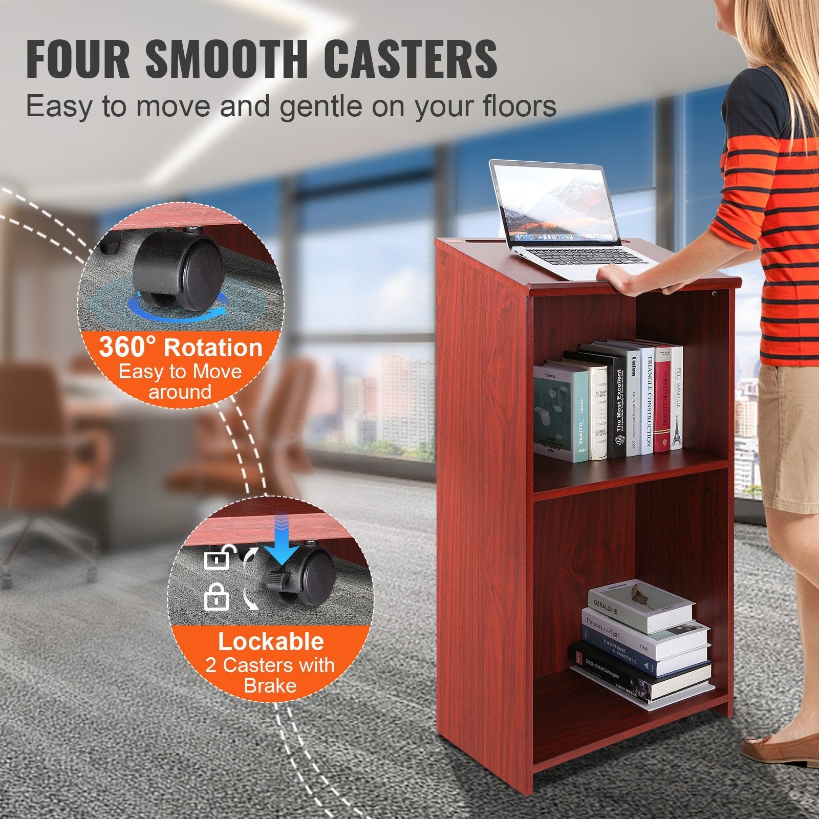 VEVOR Podium Stand, 47 in Hostess Stand with 4 Rolling Wheels, Wood Podium with Storage Shelves, and Slant Desktop, Lecterns & Podiums for Church, Office, School, Home, Brown 