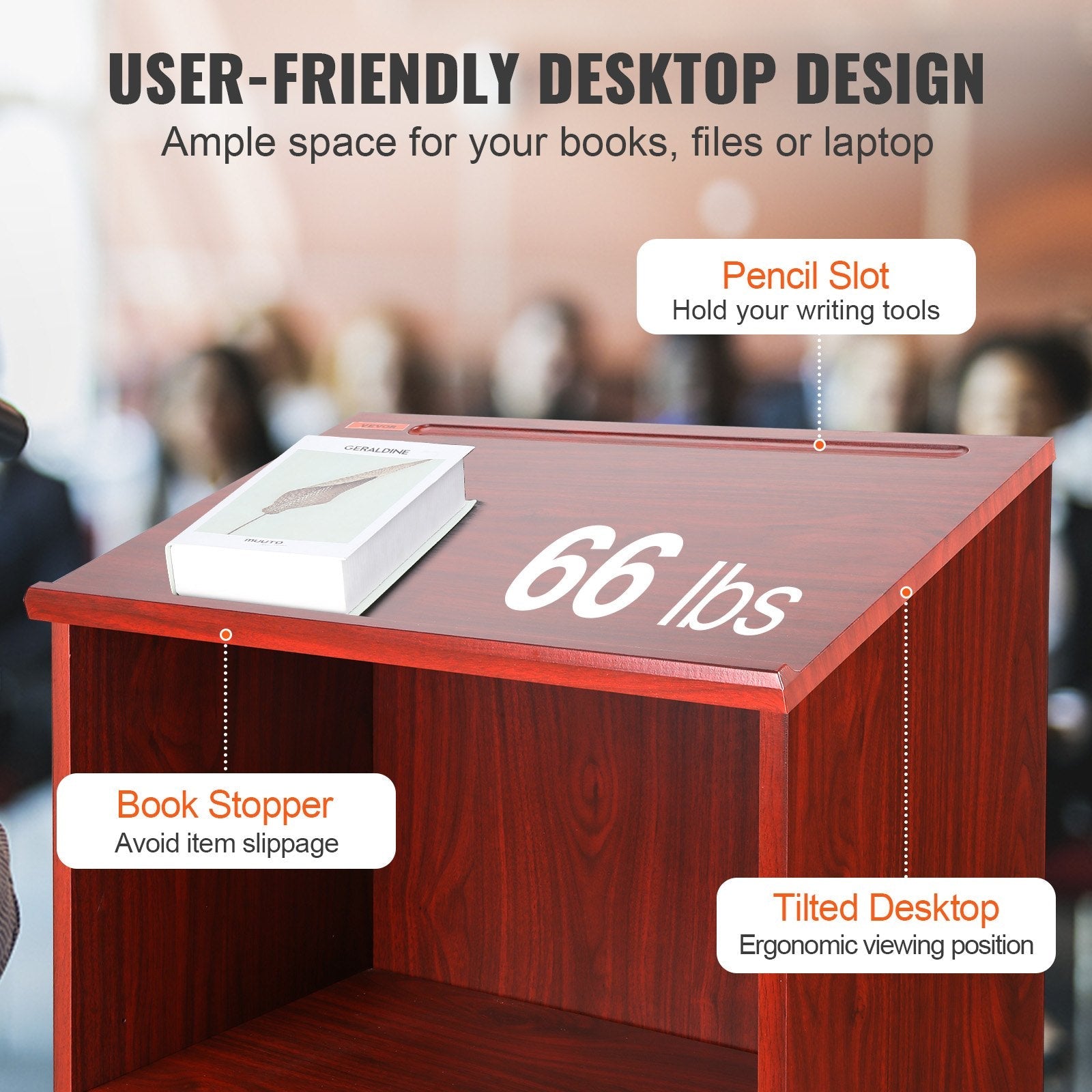 VEVOR Podium Stand, 47 in Hostess Stand with 4 Rolling Wheels, Wood Podium with Storage Shelves, and Slant Desktop, Lecterns & Podiums for Church, Office, School, Home, Brown 