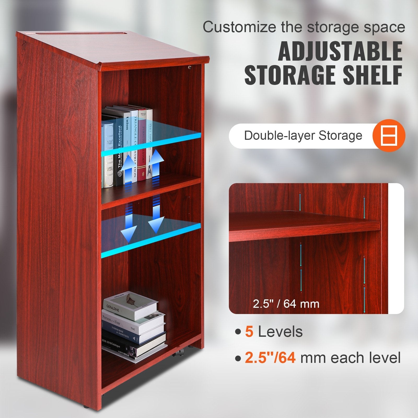VEVOR Podium Stand, 47 in Hostess Stand with 4 Rolling Wheels, Wood Podium with Storage Shelves, and Slant Desktop, Lecterns & Podiums for Church, Office, School, Home, Brown 