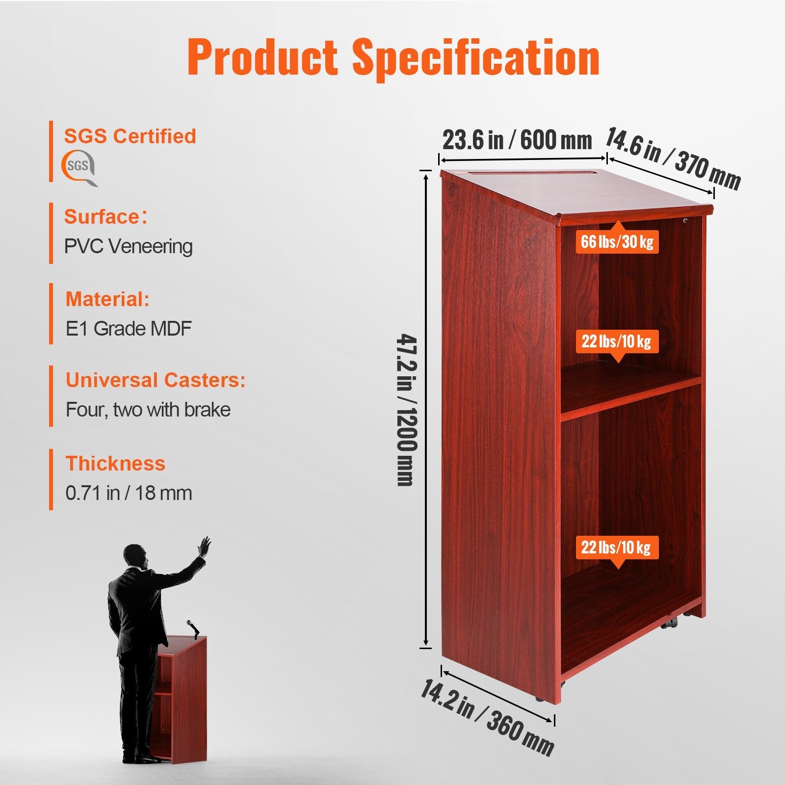 VEVOR Podium Stand, 47 in Hostess Stand with 4 Rolling Wheels, Wood Podium with Storage Shelves, and Slant Desktop, Lecterns & Podiums for Church, Office, School, Home, Brown 