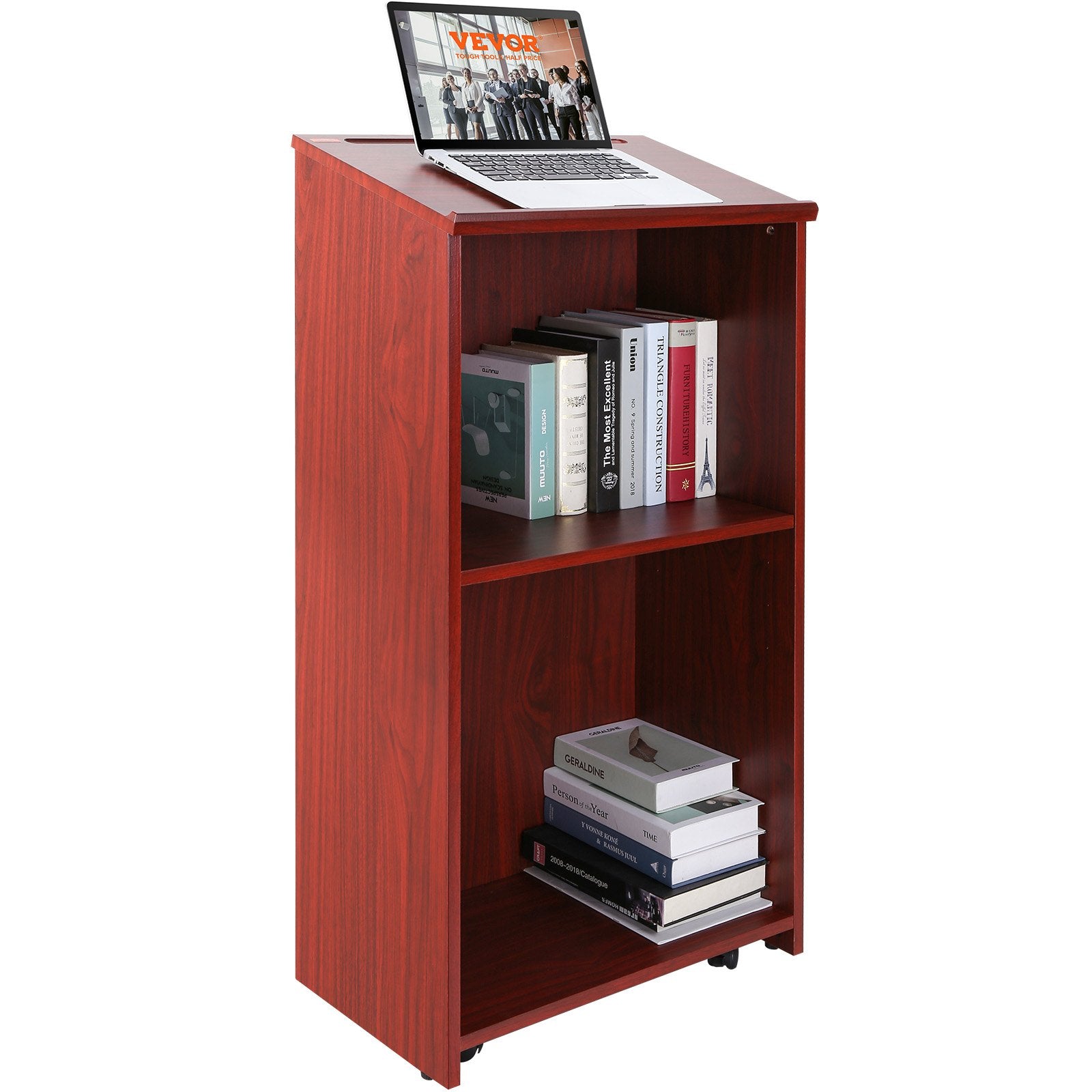 VEVOR Podium Stand, 47 in Hostess Stand with 4 Rolling Wheels, Wood Podium with Storage Shelves, and Slant Desktop, Lecterns & Podiums for Church, Office, School, Home, Brown 
