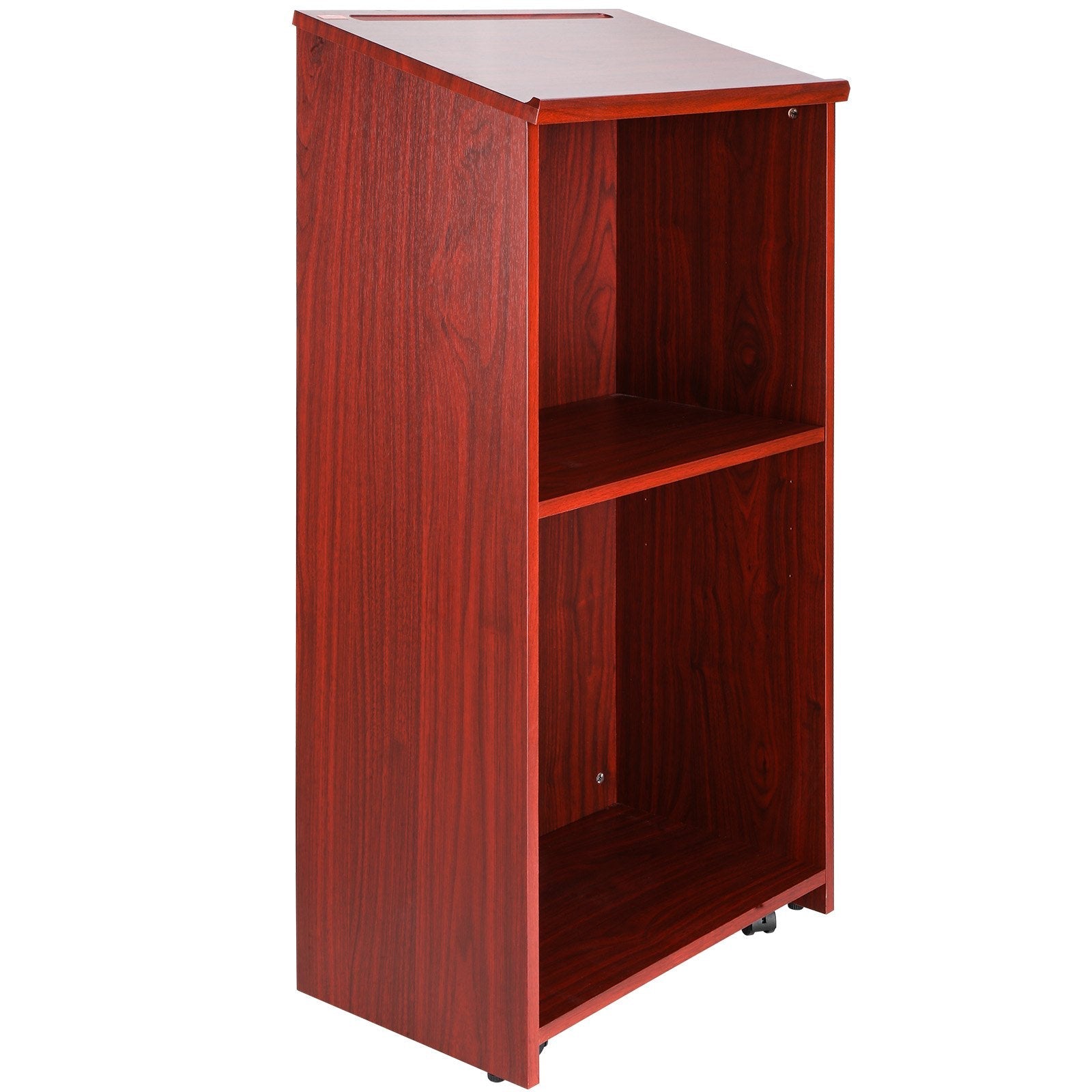VEVOR Podium Stand, 47 in Hostess Stand with 4 Rolling Wheels, Wood Podium with Storage Shelves, and Slant Desktop, Lecterns & Podiums for Church, Office, School, Home, Brown 