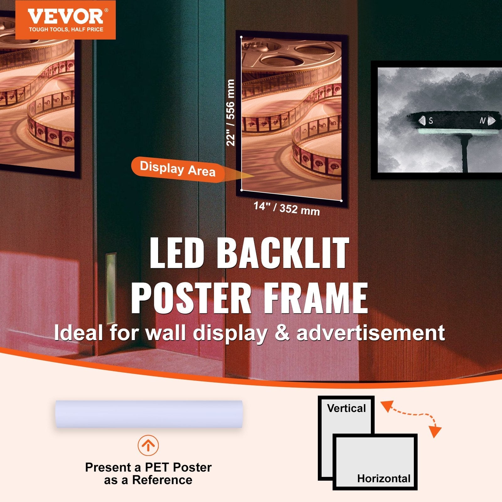 VEVOR LED Poster Frame in Black, 16" x 24" Photo Frame, Sidewalk Sign for Advertising Display, Picture Aluminum Frame with Backlighting LED Light Box, Horizontal & Vertical Formats for Wall, Single 