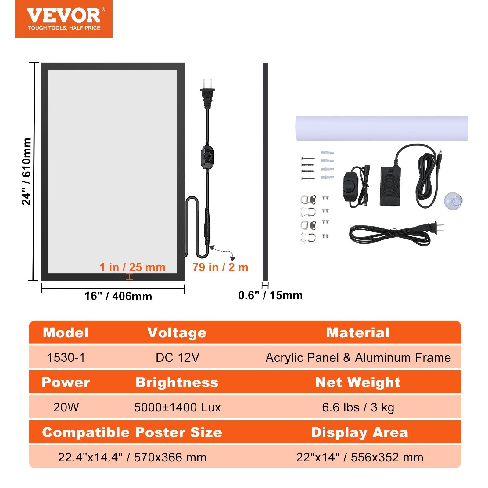 VEVOR LED Poster Frame in Black, 16" x 24" Photo Frame, Sidewalk Sign for Advertising Display, Picture Aluminum Frame with Backlighting LED Light Box, Horizontal & Vertical Formats for Wall, Single 