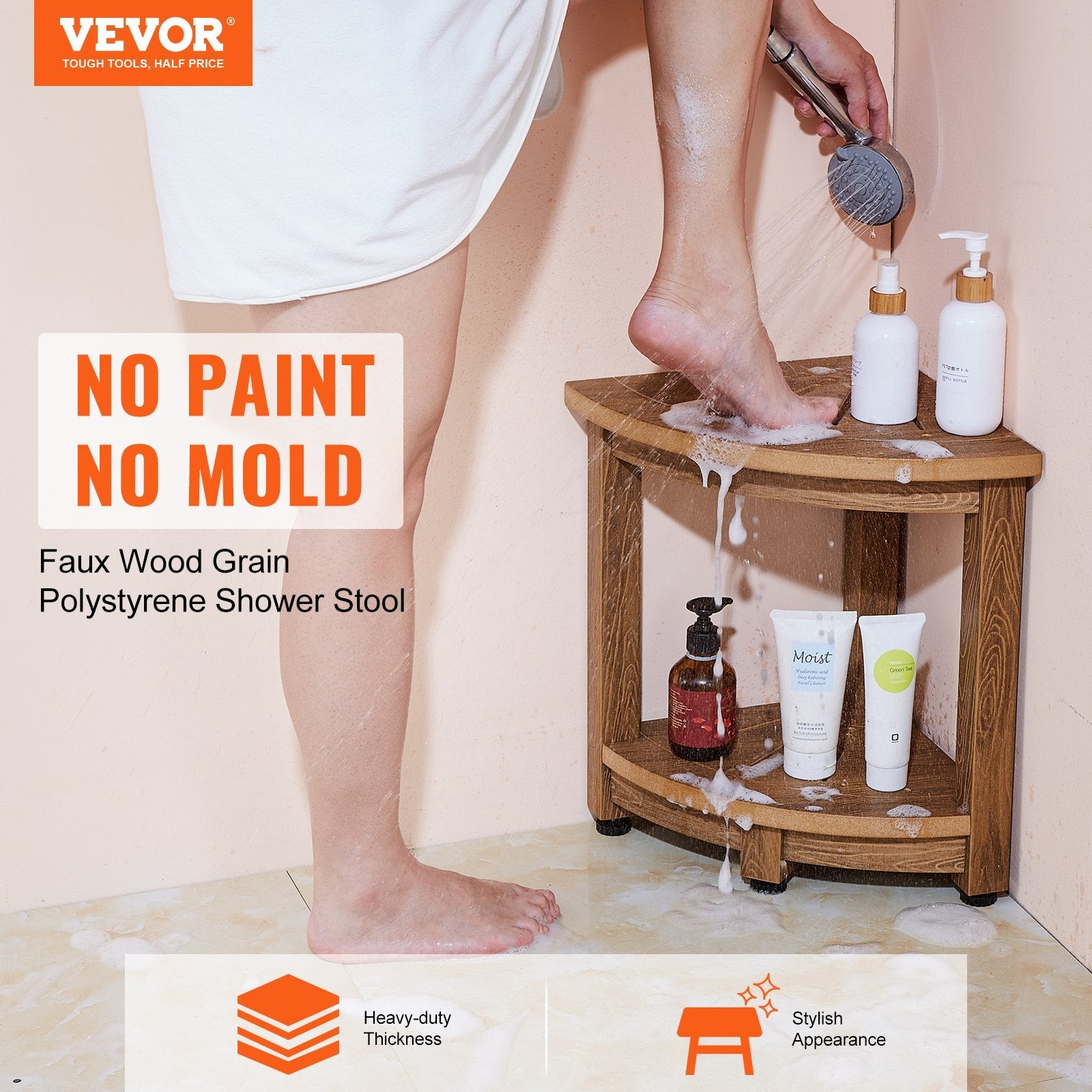 VEVOR Corner Shower Bench, 16.5" Height 12.8" Radius, Faux Wood Grain Polystyrene, 350 LBS with Storage Shelf, Water Resistant, Shower Stool for Inside & Outside Shower, for Bathroom, Living Room 