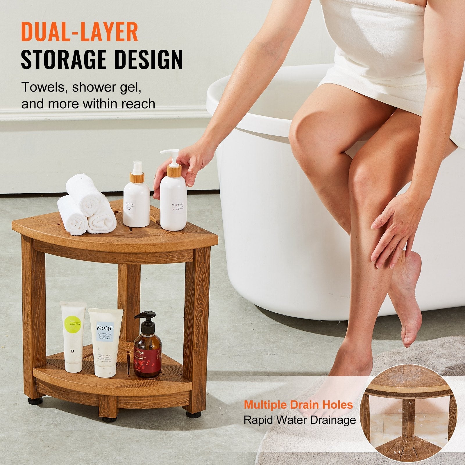 VEVOR Corner Shower Bench, 16.5" Height 12.8" Radius, Faux Wood Grain Polystyrene, 350 LBS with Storage Shelf, Water Resistant, Shower Stool for Inside & Outside Shower, for Bathroom, Living Room 