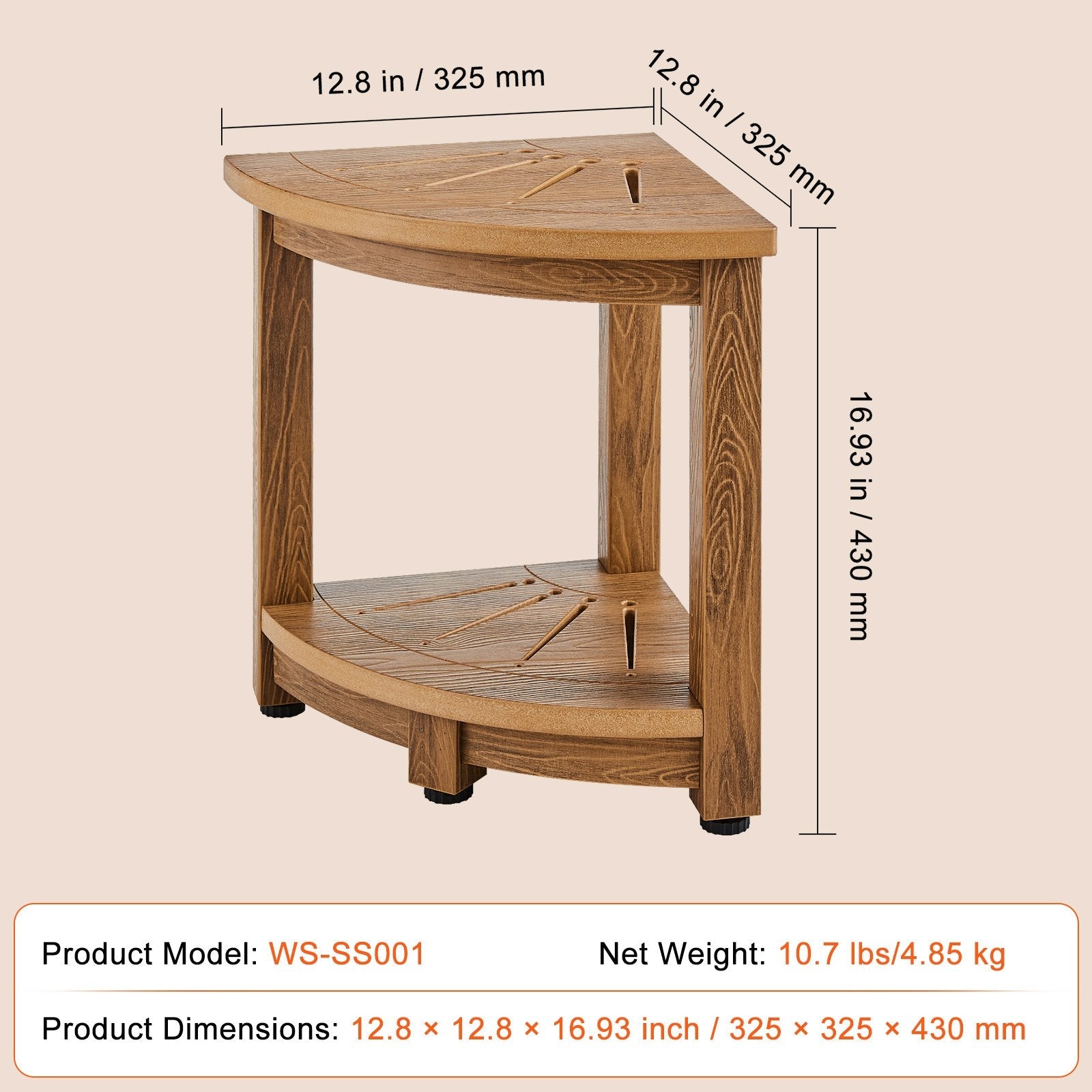 VEVOR Corner Shower Bench, 16.5" Height 12.8" Radius, Faux Wood Grain Polystyrene, 350 LBS with Storage Shelf, Water Resistant, Shower Stool for Inside & Outside Shower, for Bathroom, Living Room 