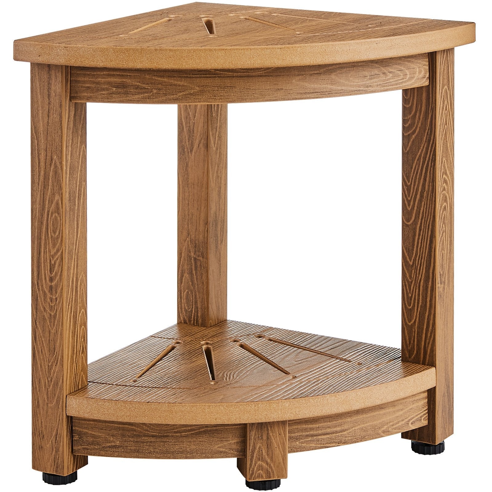 VEVOR Corner Shower Bench, 16.5" Height 12.8" Radius, Faux Wood Grain Polystyrene, 350 LBS with Storage Shelf, Water Resistant, Shower Stool for Inside & Outside Shower, for Bathroom, Living Room 