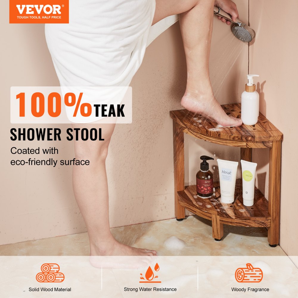 VEVOR Corner Teak Shower Bench, 17" Height 12" Radius, 100% Teak Wood Corner Shower Beach, Mold-resistant, 300 LBS with Storage Shelf, Shower Stool for Inside & Outside Shower, for Bathroom 