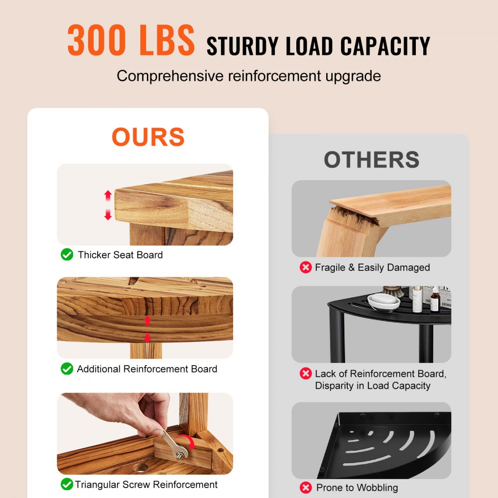 VEVOR Corner Teak Shower Bench, 17" Height 12" Radius, 100% Teak Wood Corner Shower Beach, Mold-resistant, 300 LBS with Storage Shelf, Shower Stool for Inside & Outside Shower, for Bathroom 
