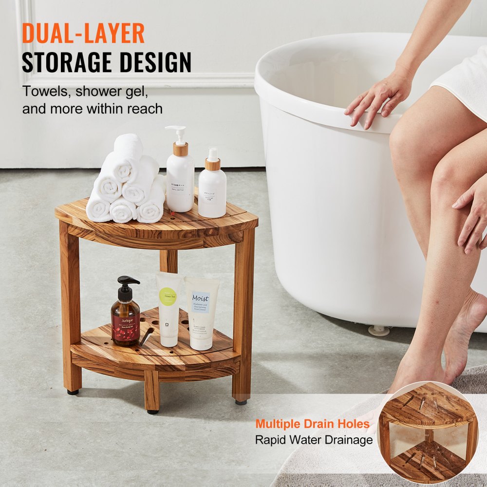 VEVOR Corner Teak Shower Bench, 17" Height 12" Radius, 100% Teak Wood Corner Shower Beach, Mold-resistant, 300 LBS with Storage Shelf, Shower Stool for Inside & Outside Shower, for Bathroom 