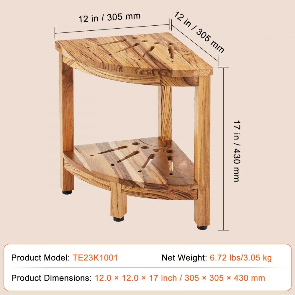 VEVOR Corner Teak Shower Bench, 17" Height 12" Radius, 100% Teak Wood Corner Shower Beach, Mold-resistant, 300 LBS with Storage Shelf, Shower Stool for Inside & Outside Shower, for Bathroom 