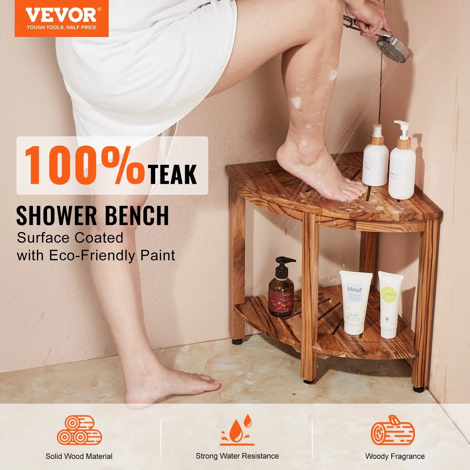 VEVOR Corner Teak Shower Bench 18.5"H×15.5"R Teakwood for Inside Shower Bathroom