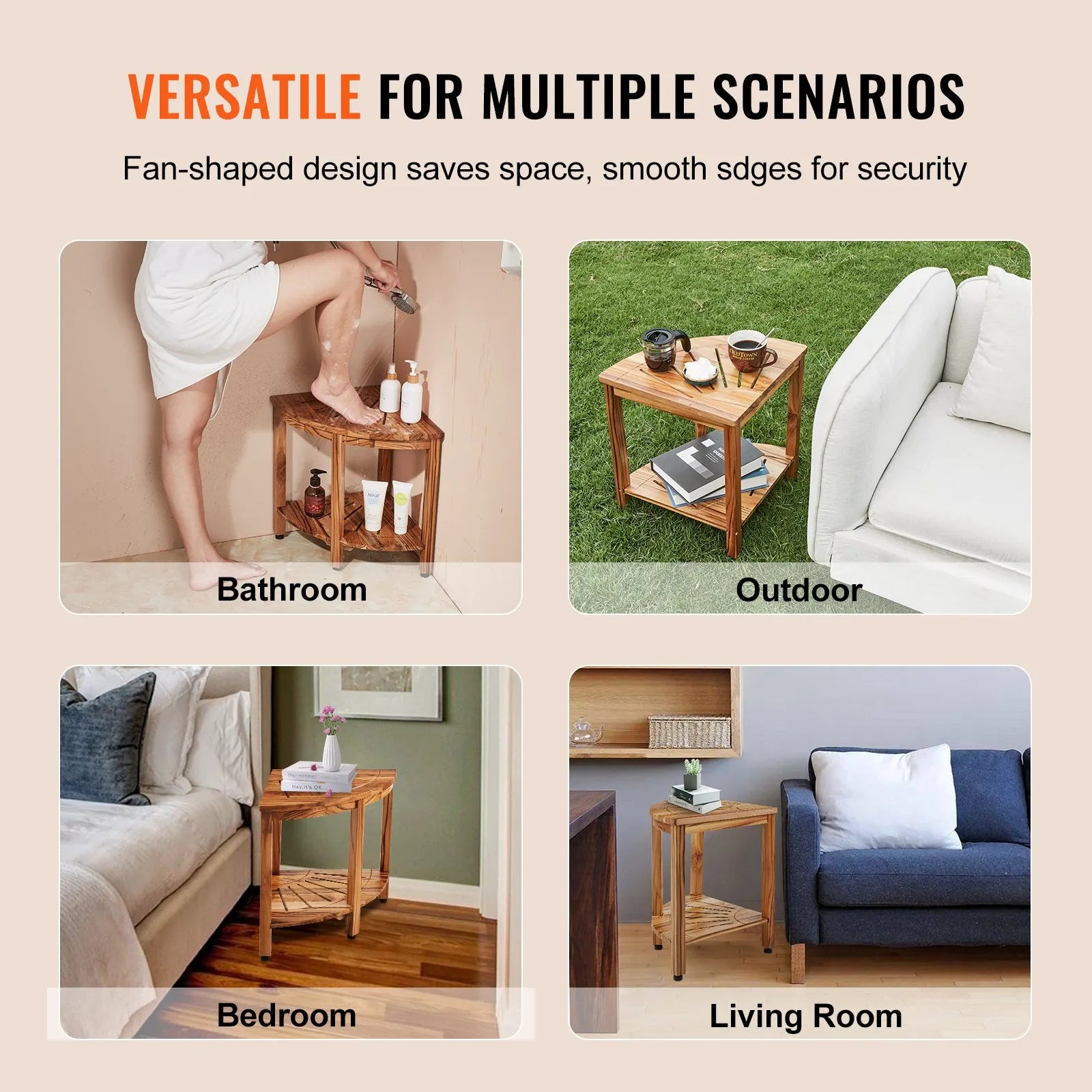 VEVOR Corner Teak Shower Bench 18.5"H×15.5"R Teakwood for Inside Shower Bathroom