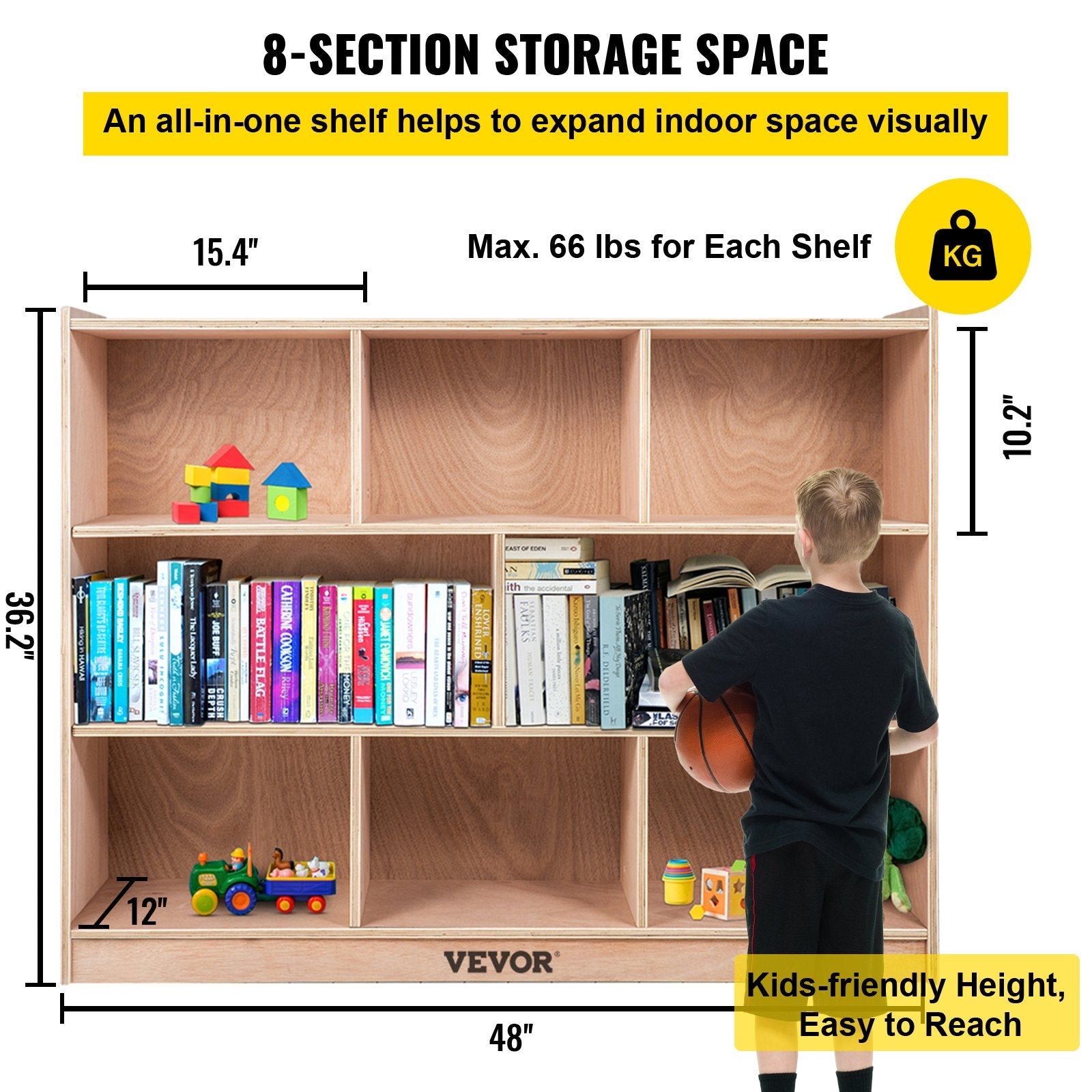 VEVOR Classroom Storage Cabinet Plywood 8-Section Preschool Storage Shelves 36 Inch High Classroom Cabinet Storage with Casters 