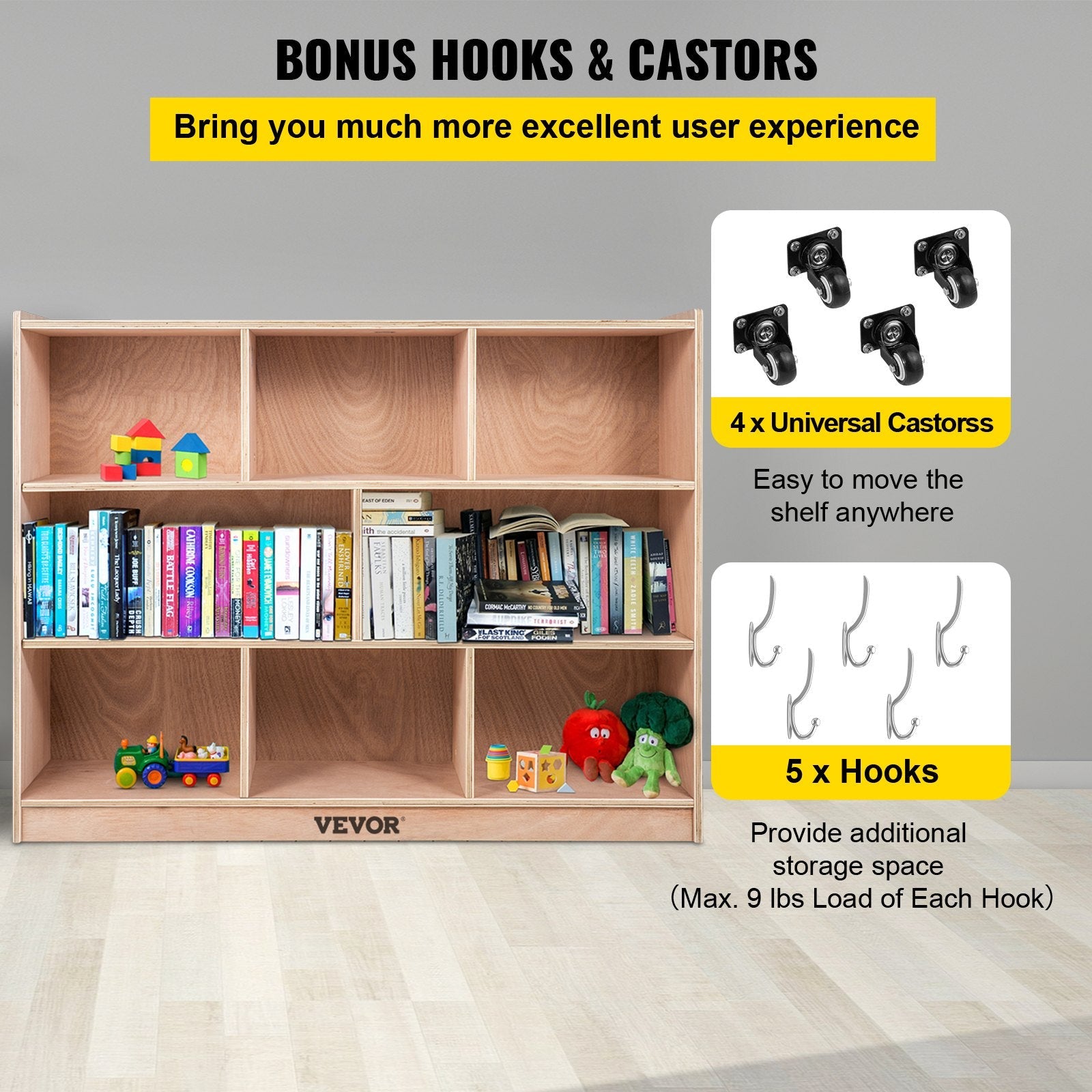 VEVOR Classroom Storage Cabinet Plywood 8-Section Preschool Storage Shelves 36 Inch High Classroom Cabinet Storage with Casters 