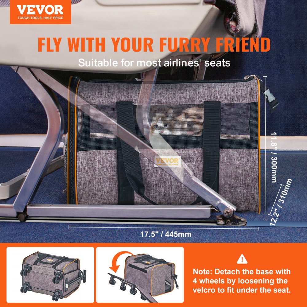 VEVOR Cat Carrier with Wheels, Airline Approved Rolling Pet Carrier with Telescopic Handle and Shoulder Strap, Dog Carrier with Wheels for Pets under 22 lbs, with 1 Folding Bowl, Grey 