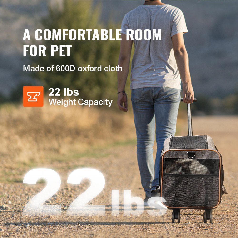 VEVOR Cat Carrier with Wheels, Airline Approved Rolling Pet Carrier with Telescopic Handle and Shoulder Strap, Dog Carrier with Wheels for Pets under 22 lbs, with 1 Folding Bowl, Grey 