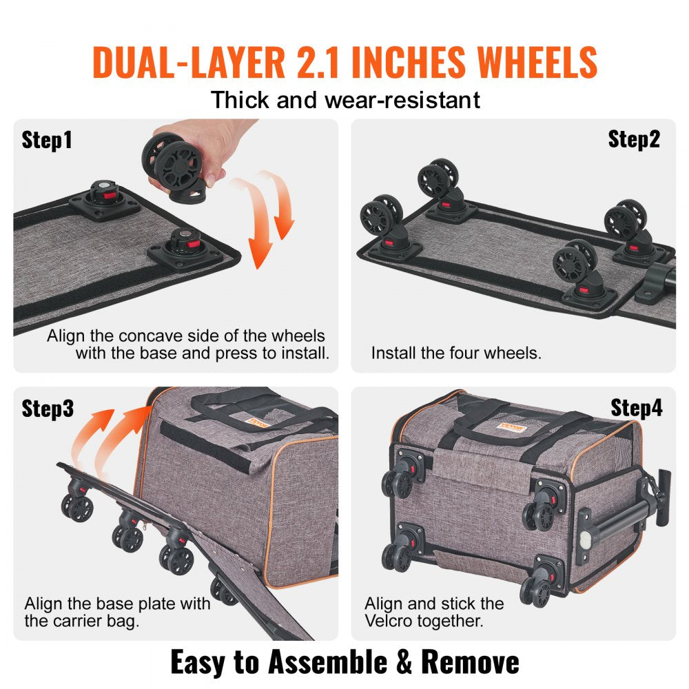 VEVOR Cat Carrier with Wheels, Airline Approved Rolling Pet Carrier with Telescopic Handle and Shoulder Strap, Dog Carrier with Wheels for Pets under 22 lbs, with 1 Folding Bowl, Grey 