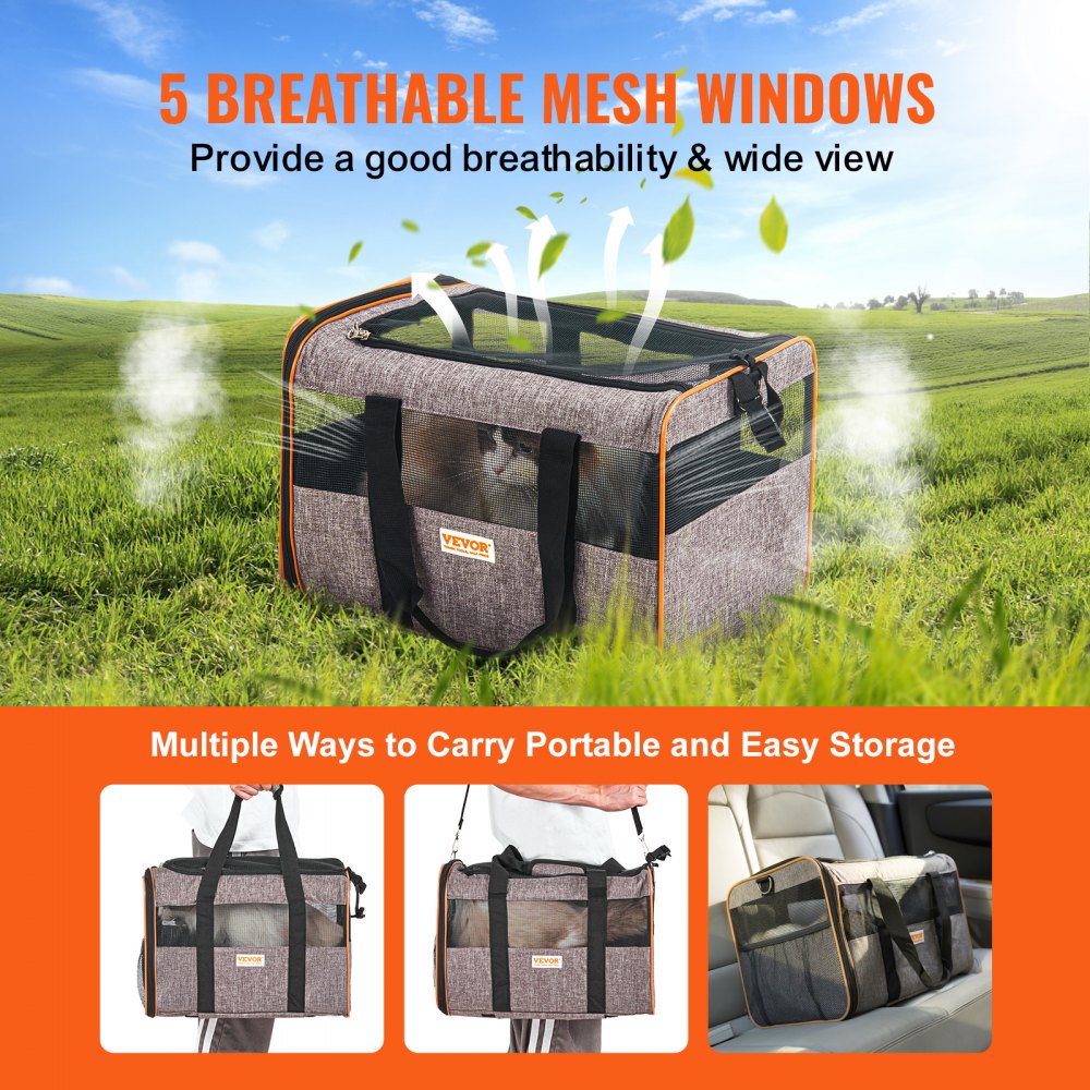 VEVOR Cat Carrier with Wheels, Airline Approved Rolling Pet Carrier with Telescopic Handle and Shoulder Strap, Dog Carrier with Wheels for Pets under 22 lbs, with 1 Folding Bowl, Grey 