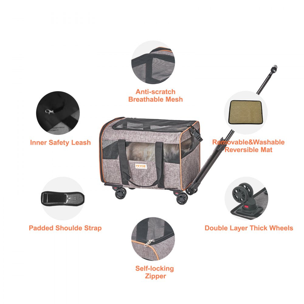 VEVOR Cat Carrier with Wheels, Airline Approved Rolling Pet Carrier with Telescopic Handle and Shoulder Strap, Dog Carrier with Wheels for Pets under 22 lbs, with 1 Folding Bowl, Grey 