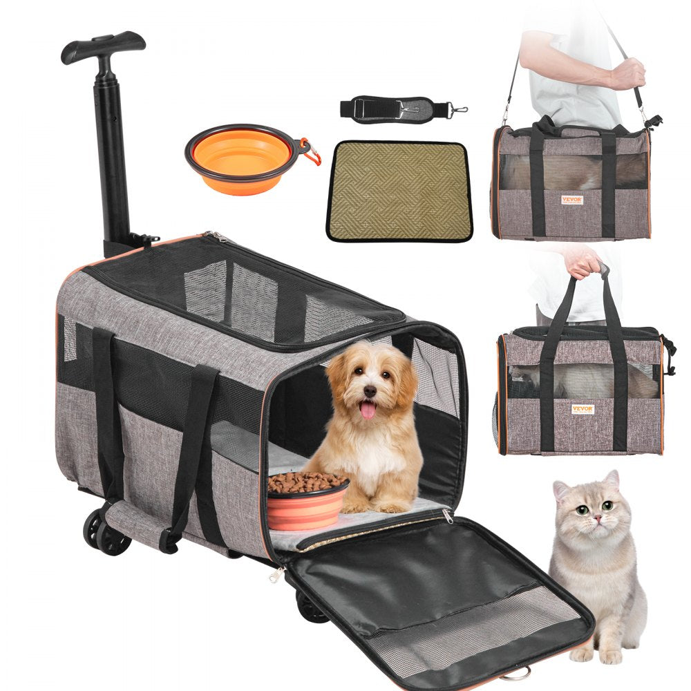 VEVOR Cat Carrier with Wheels, Airline Approved Rolling Pet Carrier with Telescopic Handle and Shoulder Strap, Dog Carrier with Wheels for Pets under 22 lbs, with 1 Folding Bowl, Grey 