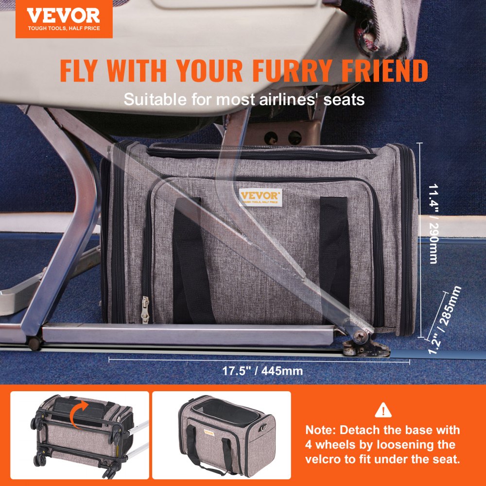 VEVOR Cat Carrier with Wheels, Airline Approved Rolling Pet Carrier with Telescopic Handle and Shoulder Strap, Dog Carrier with Wheels for Pets under 25 lbs, with 1 Folding Bowl, Grey 