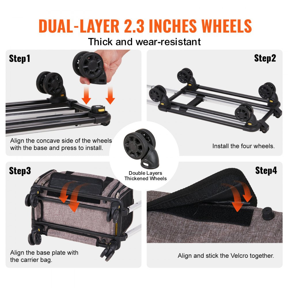 VEVOR Cat Carrier with Wheels, Airline Approved Rolling Pet Carrier with Telescopic Handle and Shoulder Strap, Dog Carrier with Wheels for Pets under 25 lbs, with 1 Folding Bowl, Grey 