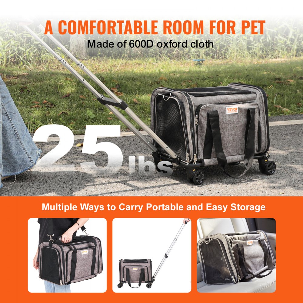 VEVOR Cat Carrier with Wheels, Airline Approved Rolling Pet Carrier with Telescopic Handle and Shoulder Strap, Dog Carrier with Wheels for Pets under 25 lbs, with 1 Folding Bowl, Grey 
