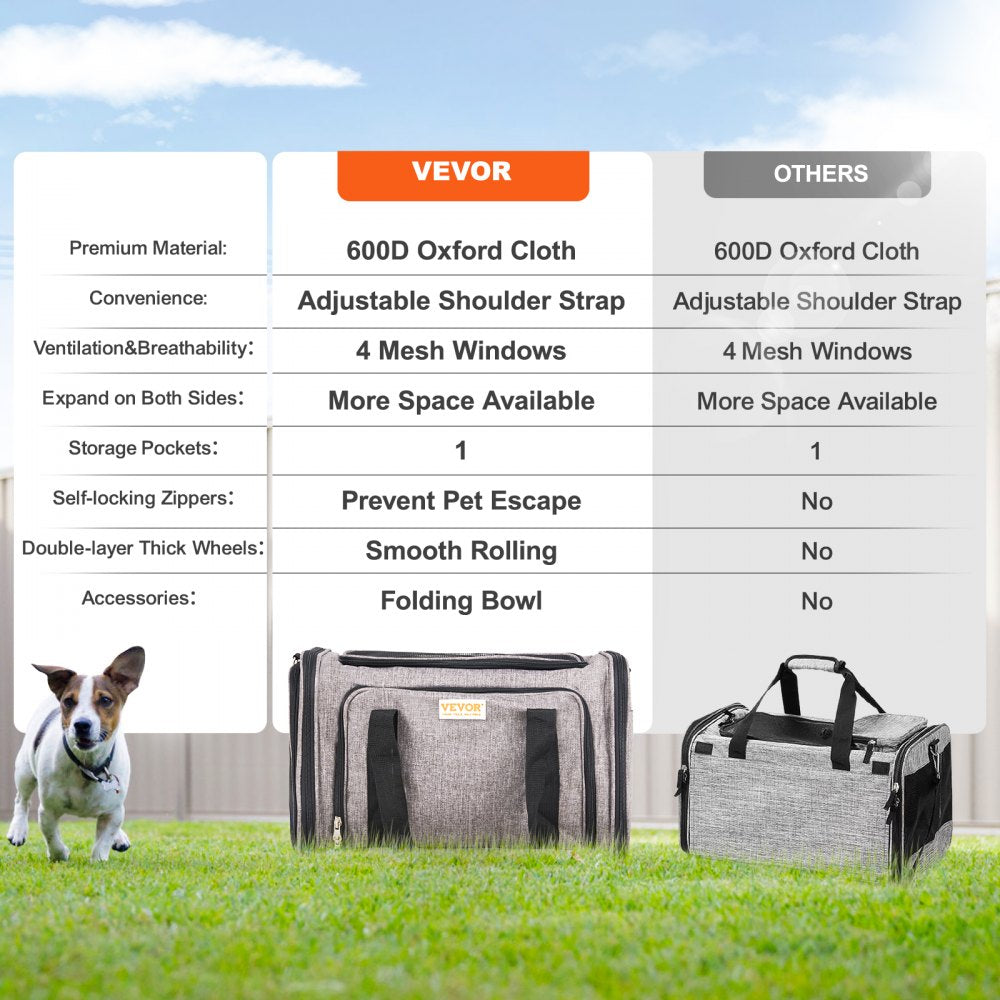 VEVOR Cat Carrier with Wheels, Airline Approved Rolling Pet Carrier with Telescopic Handle and Shoulder Strap, Dog Carrier with Wheels for Pets under 25 lbs, with 1 Folding Bowl, Grey 