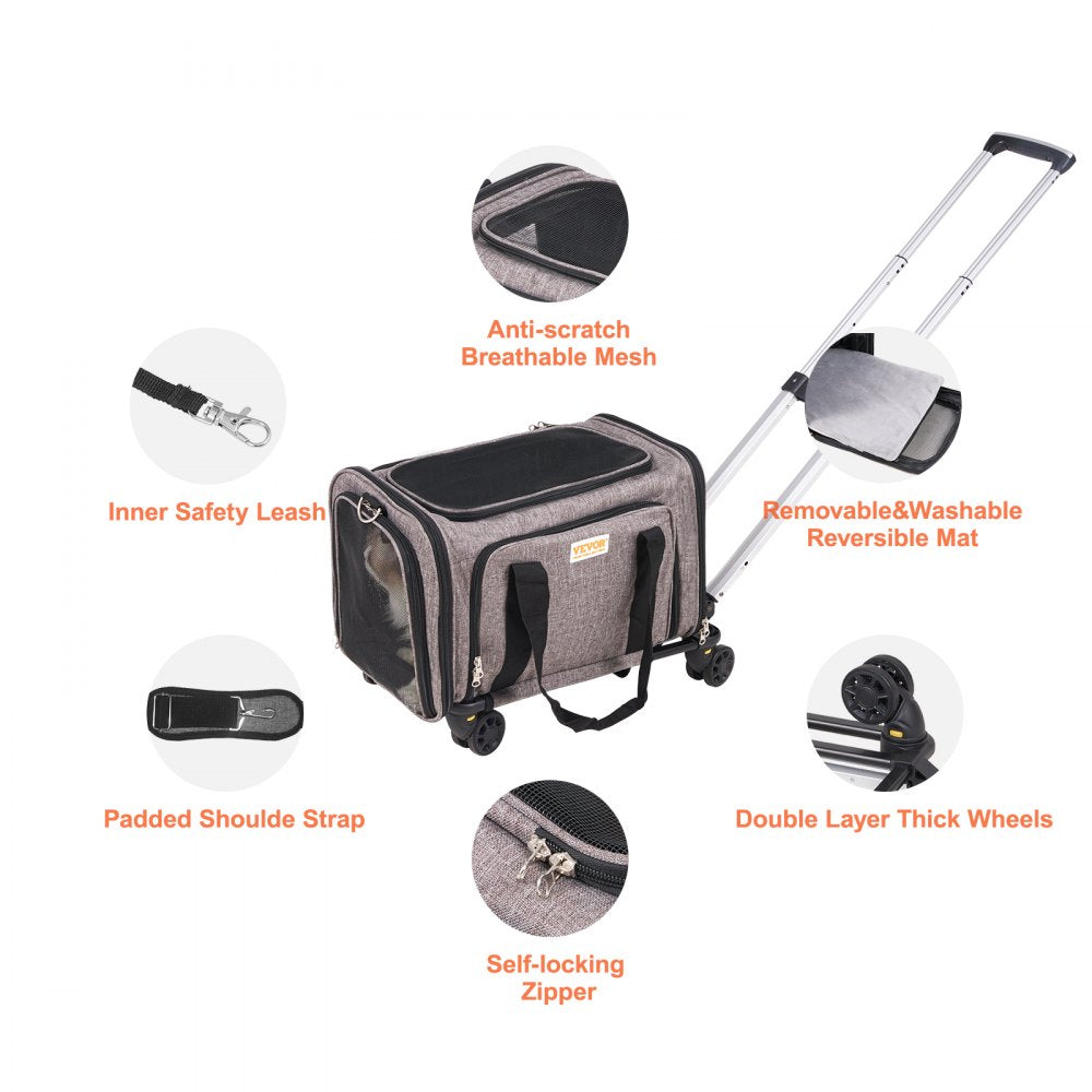 VEVOR Cat Carrier with Wheels, Airline Approved Rolling Pet Carrier with Telescopic Handle and Shoulder Strap, Dog Carrier with Wheels for Pets under 25 lbs, with 1 Folding Bowl, Grey 