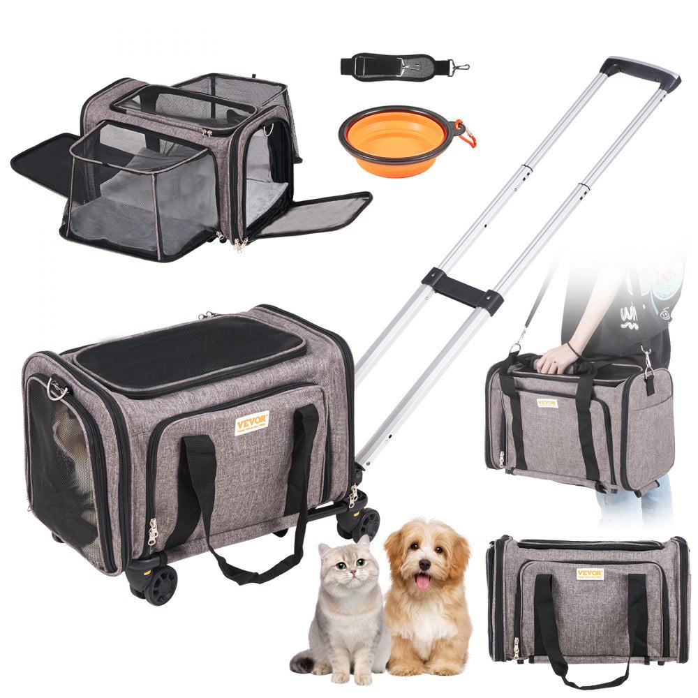 VEVOR Cat Carrier with Wheels, Airline Approved Rolling Pet Carrier with Telescopic Handle and Shoulder Strap, Dog Carrier with Wheels for Pets under 25 lbs, with 1 Folding Bowl, Grey 