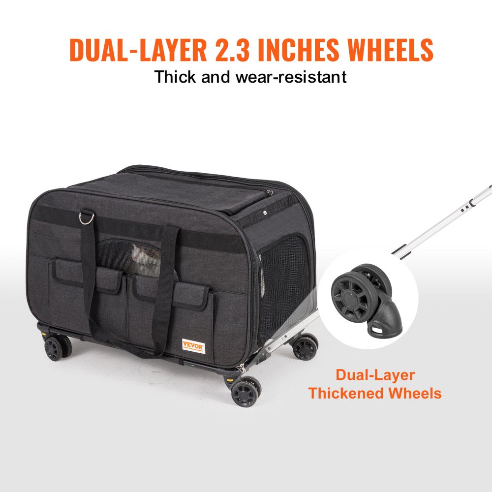 VEVOR Cat Carrier with Wheels, Rolling Pet Carrier with Telescopic Handle and Shoulder Strap, Dog Carrier with Wheels for Pets under 35 lbs, with 1 Folding Bowl, Black 