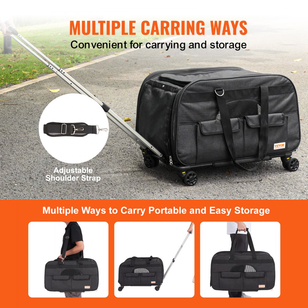 VEVOR Cat Carrier with Wheels, Rolling Pet Carrier with Telescopic Handle and Shoulder Strap, Dog Carrier with Wheels for Pets under 35 lbs, with 1 Folding Bowl, Black 
