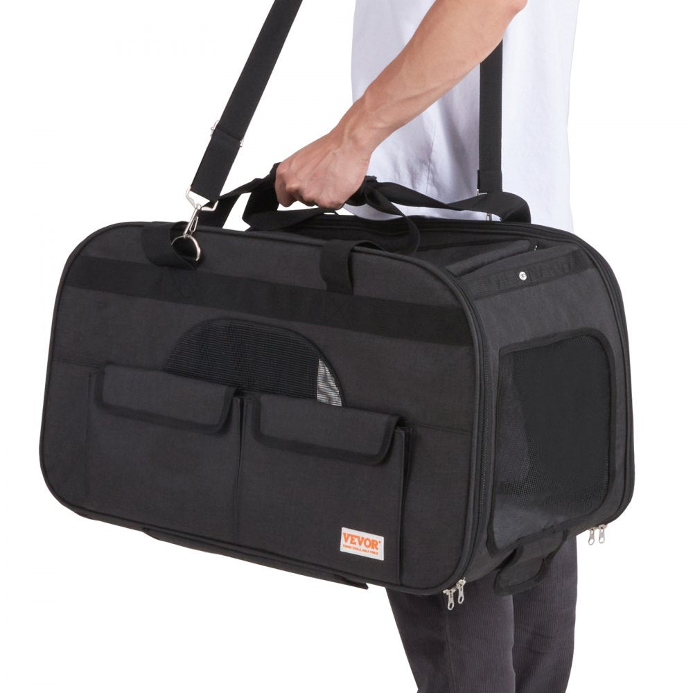 VEVOR Cat Carrier with Wheels, Rolling Pet Carrier with Telescopic Handle and Shoulder Strap, Dog Carrier with Wheels for Pets under 35 lbs, with 1 Folding Bowl, Black 