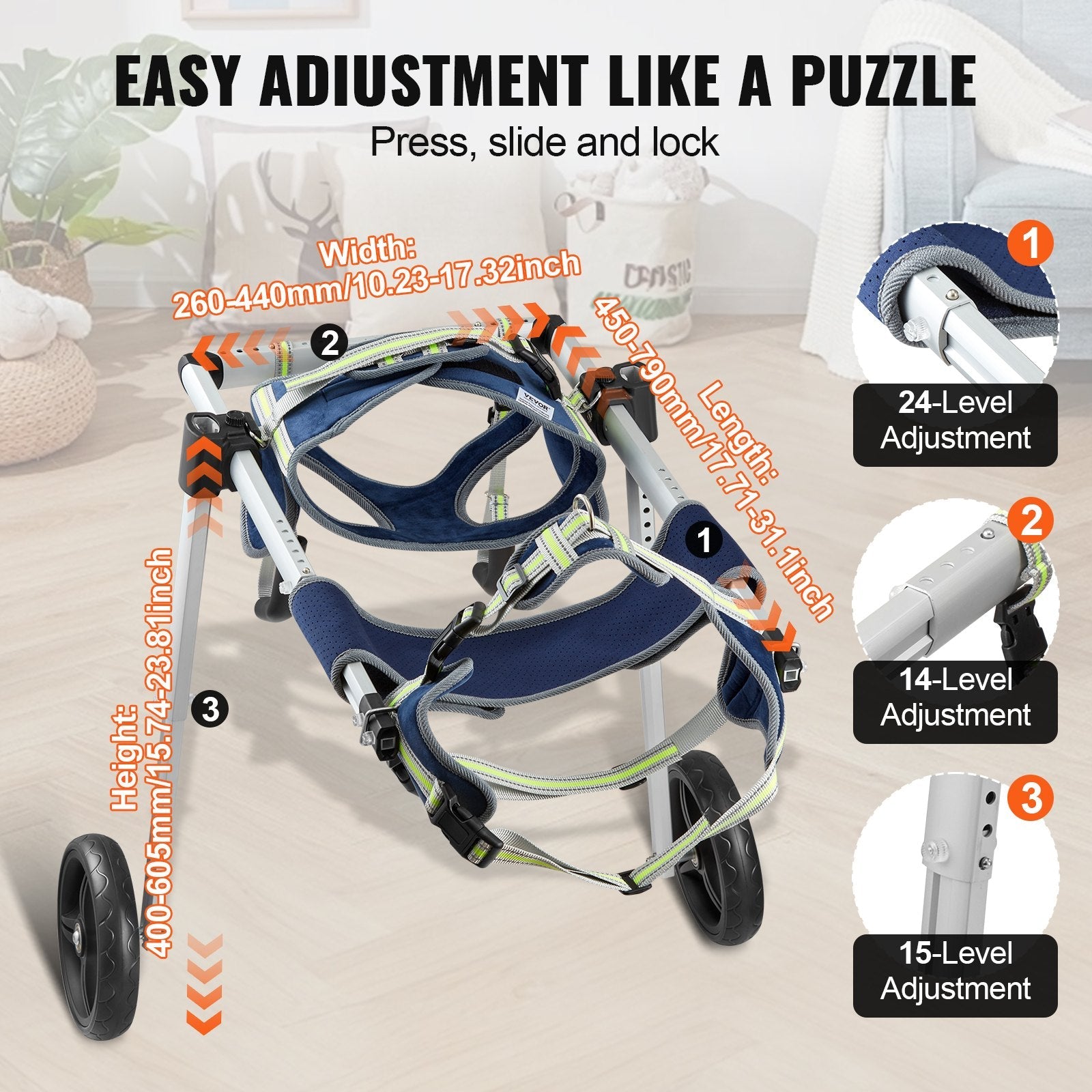 VEVOR 2 Wheels Dog Wheelchair for Back Legs, Pet Wheelchair Lightweight & Adjustable Assisting in Healing,  Dog Cart/Wheelchair for Injured, Disabled, Paralysis, Hind Limb Weak Pet(L) 
