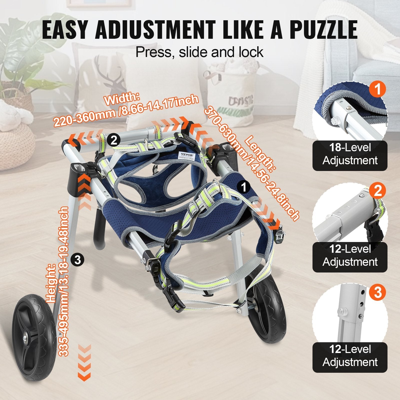 VEVOR 2 Wheels Dog Wheelchair for Back Legs, Pet Wheelchair Lightweight & Adjustable Assisting in Healing,  Dog Cart/Wheelchair for Injured, Disabled, Paralysis, Hind Limb Weak Pet(M) 