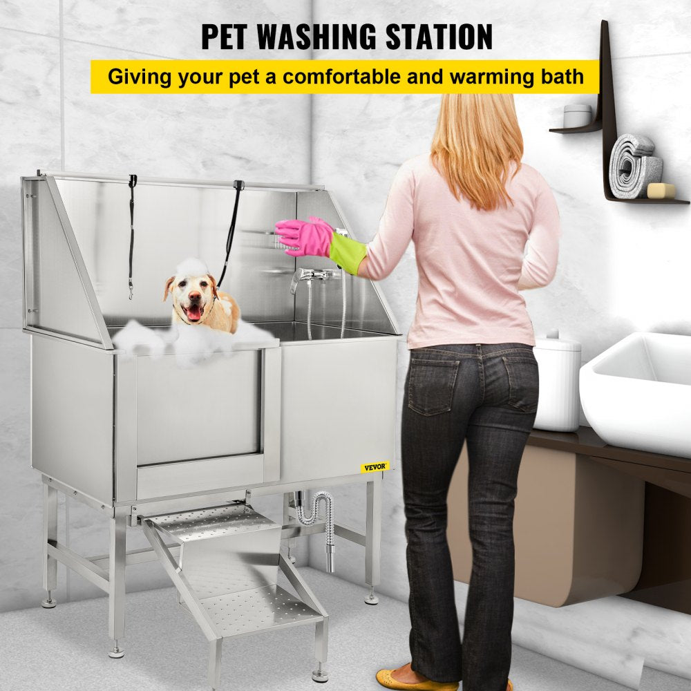 VEVOR 50 Inch Dog Grooming Tub, Professional Stainless Steel Pet Dog Bath Tub, with Steps Faucet & Accessories Dog Washing Station Left Door 