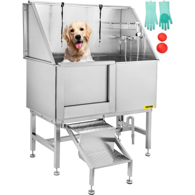 VEVOR 50 Inch Dog Grooming Tub, Professional Stainless Steel Pet Dog Bath Tub, with Steps Faucet & Accessories Dog Washing Station Left Door 