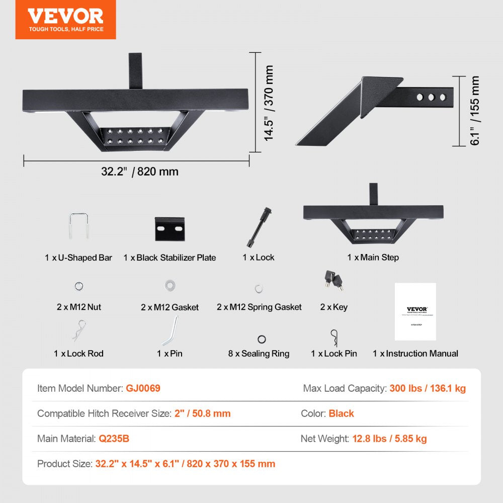 VEVOR Hitch Step for 2" Receiver Universal Trailer Tow Rear Bumper Guard Steel 
