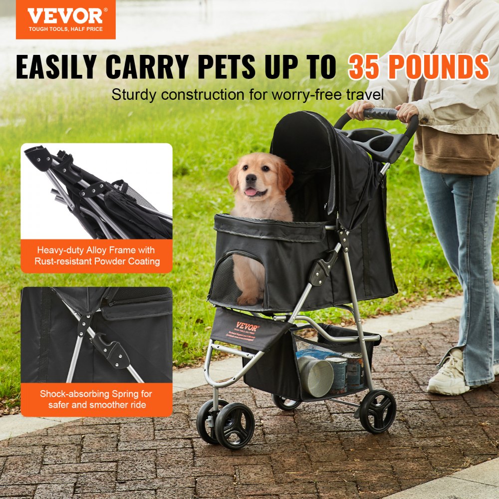 VEVOR Pet Stroller, 3 Wheels Dog Stroller Rotate with Brakes, 35lbs Weight Capacity, Puppy Stroller with Front Pedal, Velcro, Storage Basket and Cup Holder, for Dogs and Cats Travel, Black 