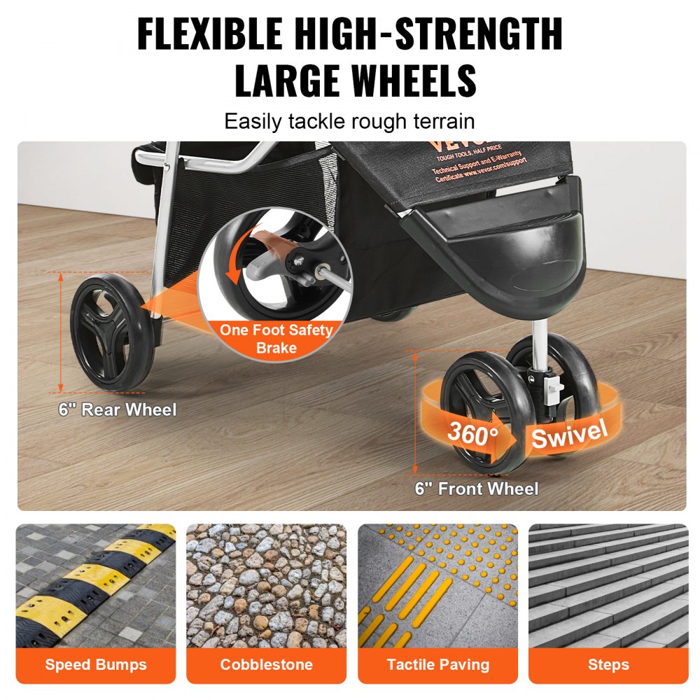 VEVOR Pet Stroller, 3 Wheels Dog Stroller Rotate with Brakes, 35lbs Weight Capacity, Puppy Stroller with Front Pedal, Velcro, Storage Basket and Cup Holder, for Dogs and Cats Travel, Black 