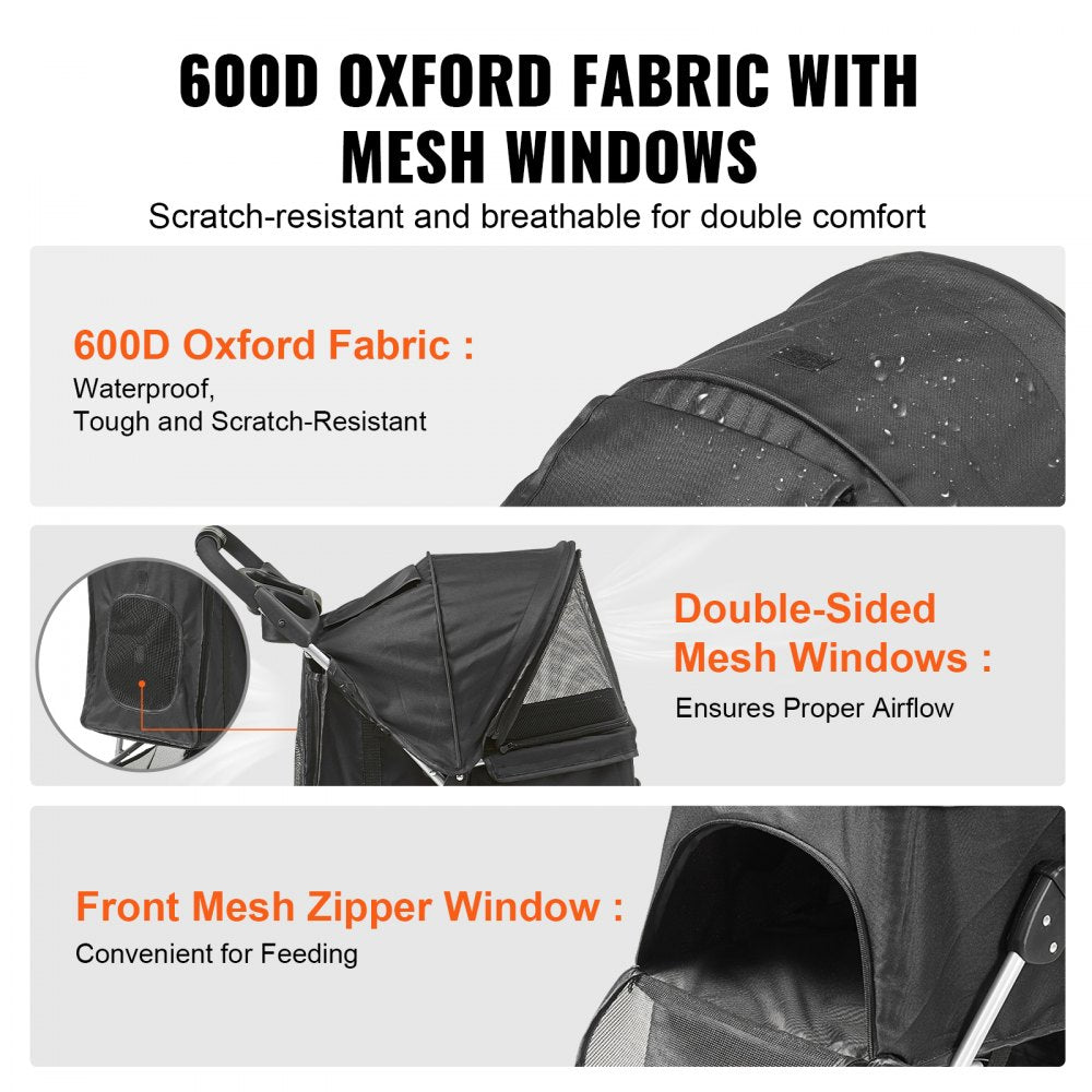 VEVOR Pet Stroller, 3 Wheels Dog Stroller Rotate with Brakes, 35lbs Weight Capacity, Puppy Stroller with Front Pedal, Velcro, Storage Basket and Cup Holder, for Dogs and Cats Travel, Black 