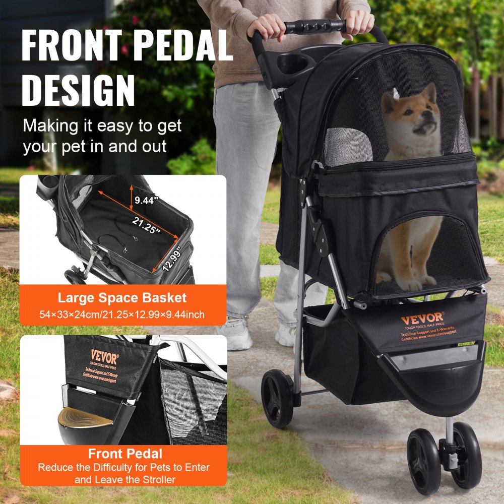 VEVOR Pet Stroller, 3 Wheels Dog Stroller Rotate with Brakes, 35lbs Weight Capacity, Puppy Stroller with Front Pedal, Velcro, Storage Basket and Cup Holder, for Dogs and Cats Travel, Black 