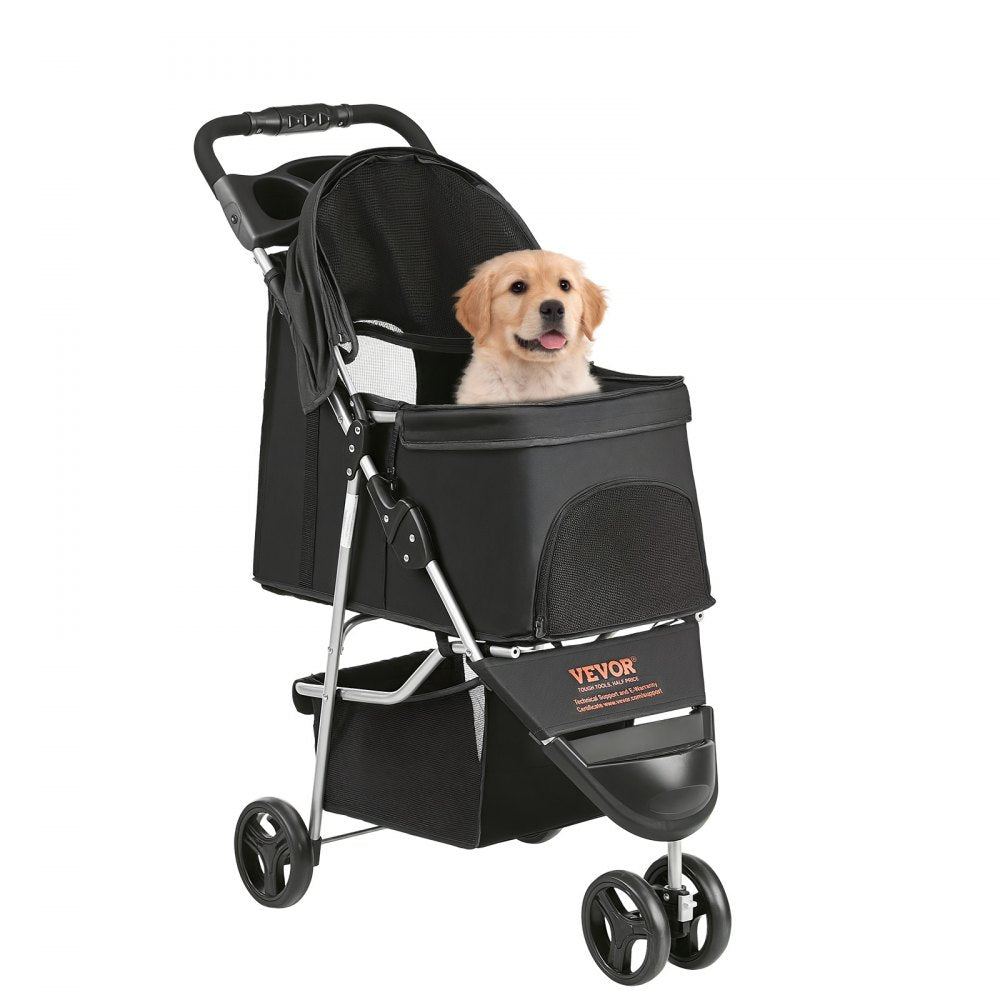 VEVOR Pet Stroller, 3 Wheels Dog Stroller Rotate with Brakes, 35lbs Weight Capacity, Puppy Stroller with Front Pedal, Velcro, Storage Basket and Cup Holder, for Dogs and Cats Travel, Black 