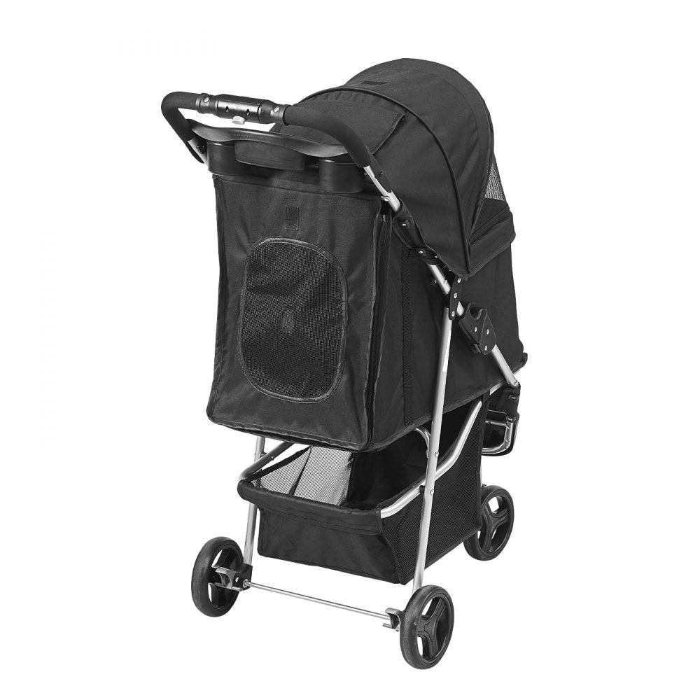 VEVOR Pet Stroller, 3 Wheels Dog Stroller Rotate with Brakes, 35lbs Weight Capacity, Puppy Stroller with Front Pedal, Velcro, Storage Basket and Cup Holder, for Dogs and Cats Travel, Black 