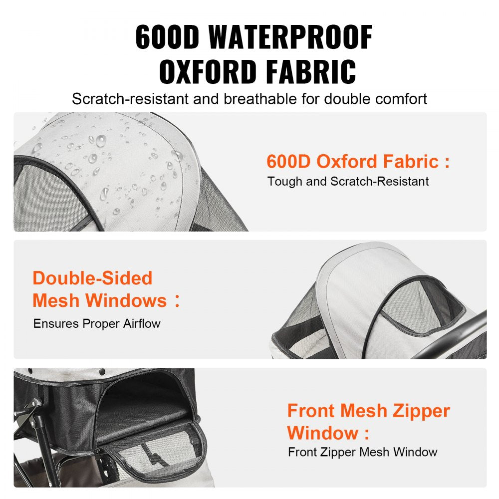 VEVOR Pet Stroller, 4 Wheels Dog Stroller Rotate with Brakes, 44lbs Weight Capacity, Puppy Stroller with Reversible Handlebar, Storage Basket and Zipper, for Dogs and Cats Travel, Black+Grey 