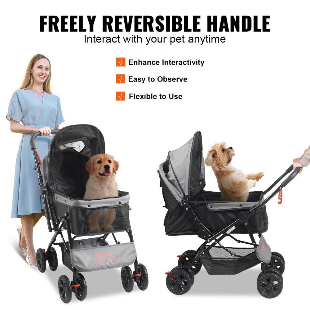 VEVOR Pet Stroller, 4 Wheels Dog Stroller Rotate with Brakes, 44lbs Weight Capacity, Puppy Stroller with Reversible Handlebar, Storage Basket and Zipper, for Dogs and Cats Travel, Black+Grey 