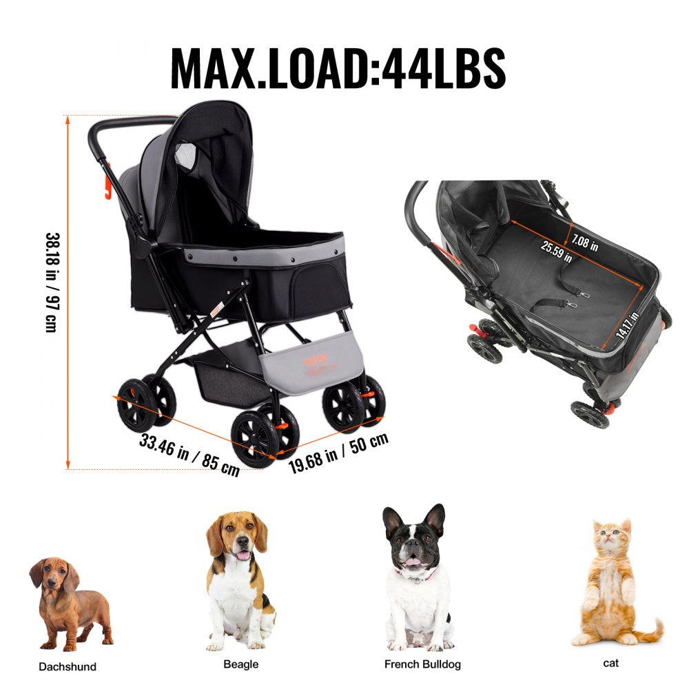 VEVOR Pet Stroller, 4 Wheels Dog Stroller Rotate with Brakes, 44lbs Weight Capacity, Puppy Stroller with Reversible Handlebar, Storage Basket and Zipper, for Dogs and Cats Travel, Black+Grey 
