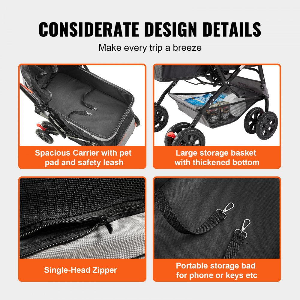 VEVOR Pet Stroller, 4 Wheels Dog Stroller Rotate with Brakes, 44lbs Weight Capacity, Puppy Stroller with Reversible Handlebar, Storage Basket and Zipper, for Dogs and Cats Travel, Black+Grey 